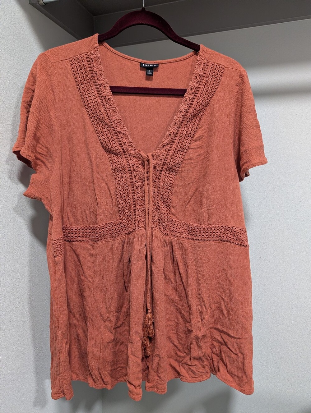 Boho Crochet Lace Tie Front V-Neck Peasant Top Rust Orange Plus Size 3